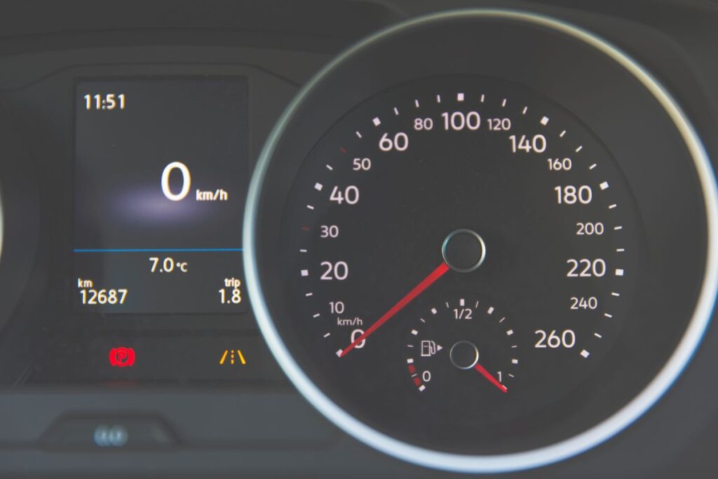 Digital speedometer display on a car dashboard