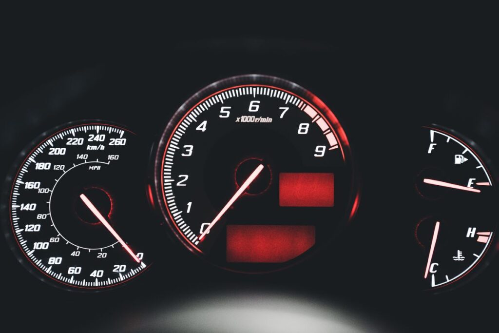 Illuminated car instrument cluster with tachometer and gauges
