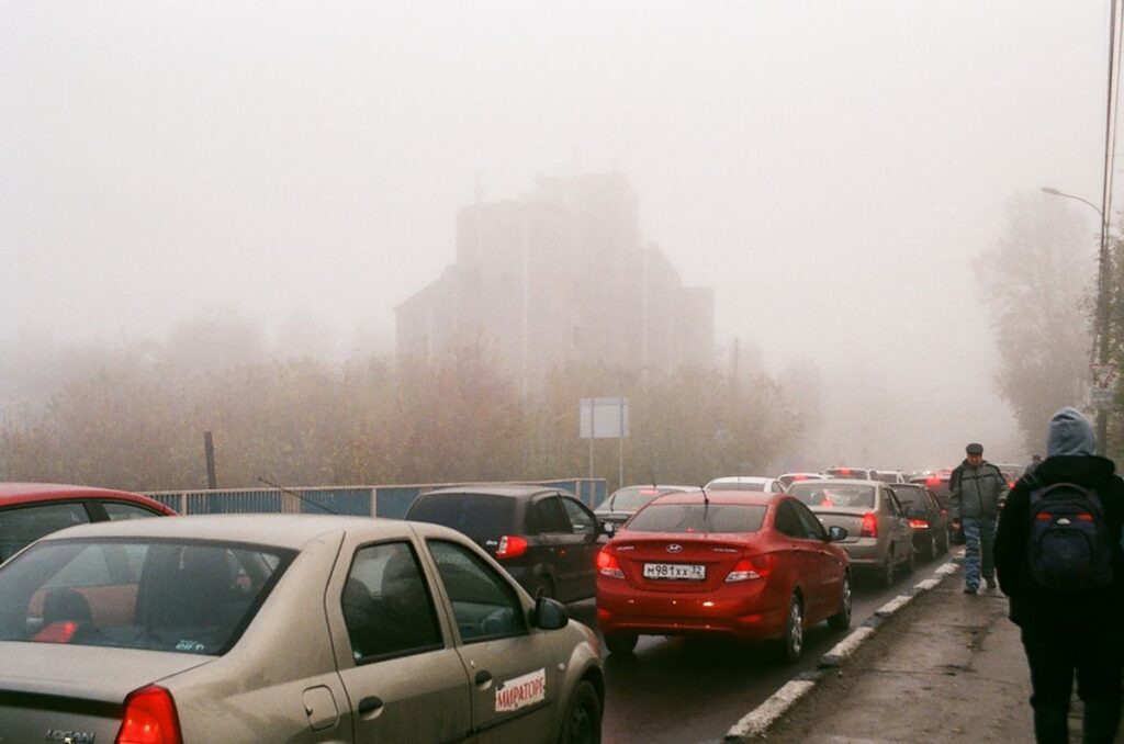 Cars in foggy traffic
