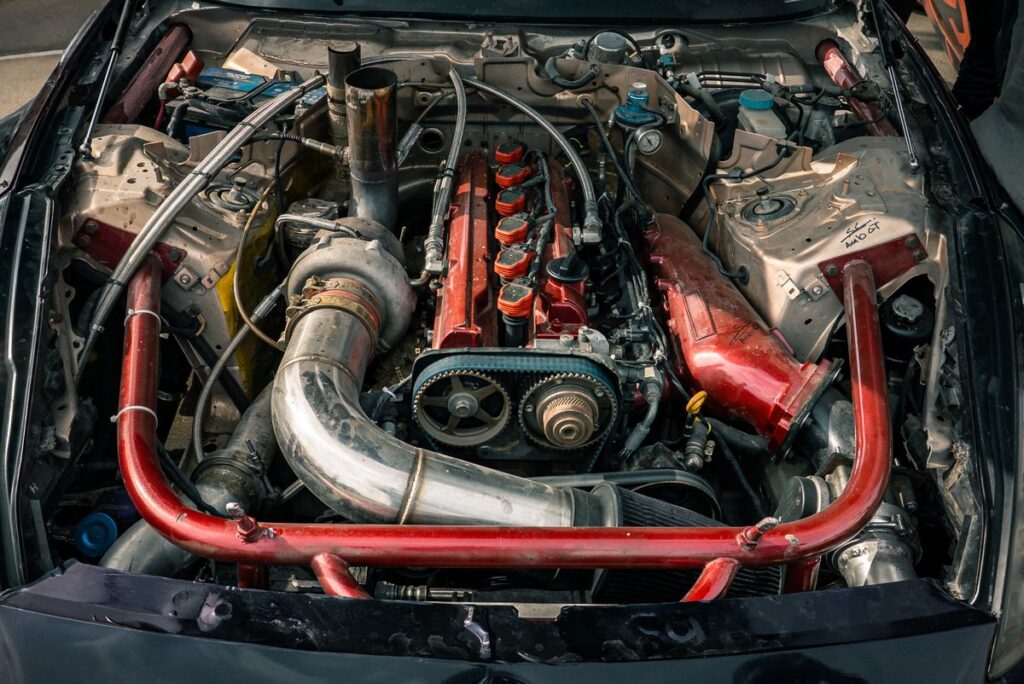 Modified turbocharged engine in a car's engine bay