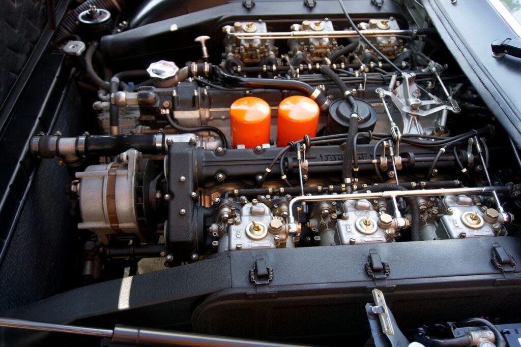 Engine bay of a classic sports car